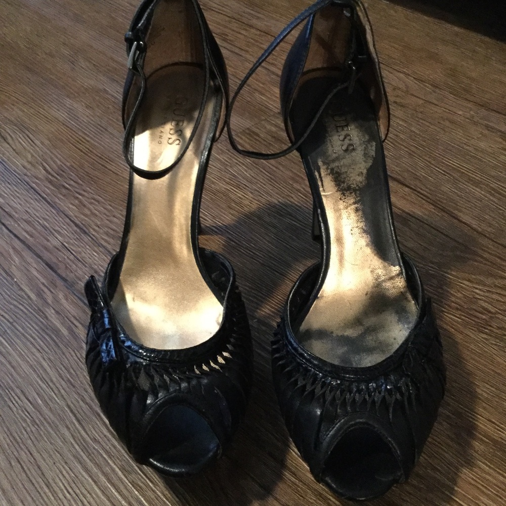 Guess Black Size 8 Leather Ankle Strap Platform Heels - Picture 2 of 8